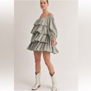 NWT Klesis Women's‎ M Tiered Off Shoulder Beige Boho Mini Dress